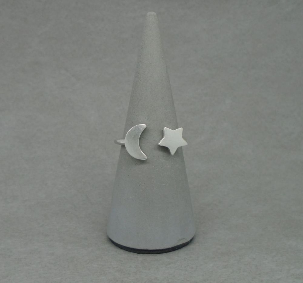 Handmade sterling silver moon & star ring