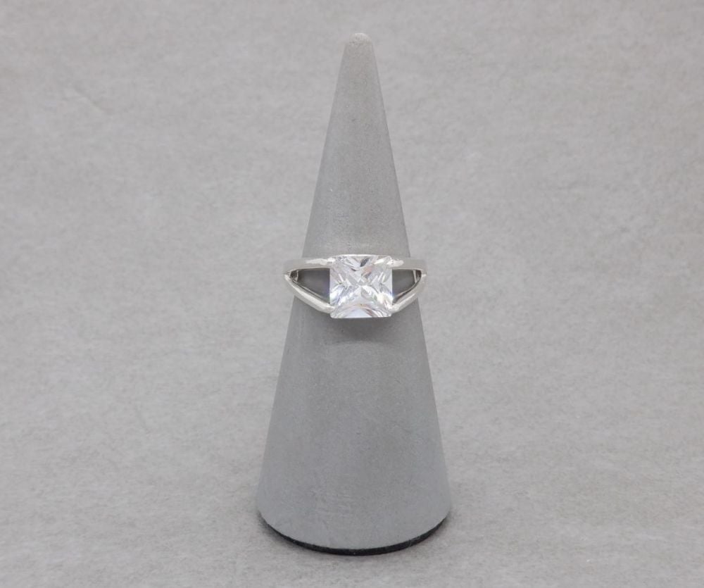 Square sterling silver solitaire ring with split shoulders