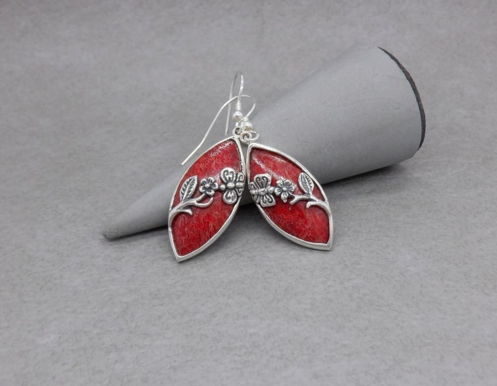Sterling silver & coral earrings with flower & butterfly detail