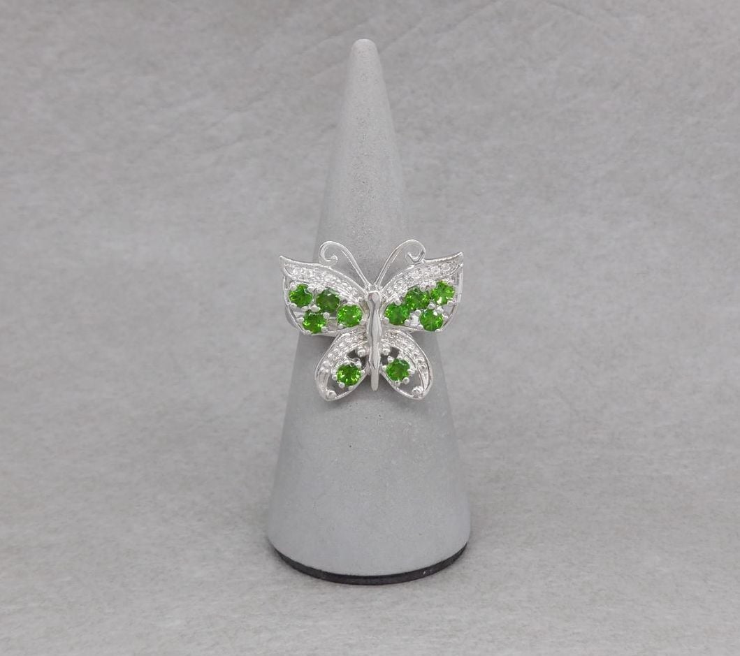 Sterling silver & green diopside butterfly ring