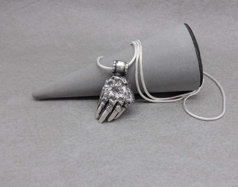 Unusual sterling silver long claw paw / hand necklace