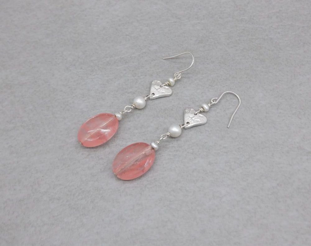 Handmade sterling silver heart, pearl & faceted pink bead drop earrings