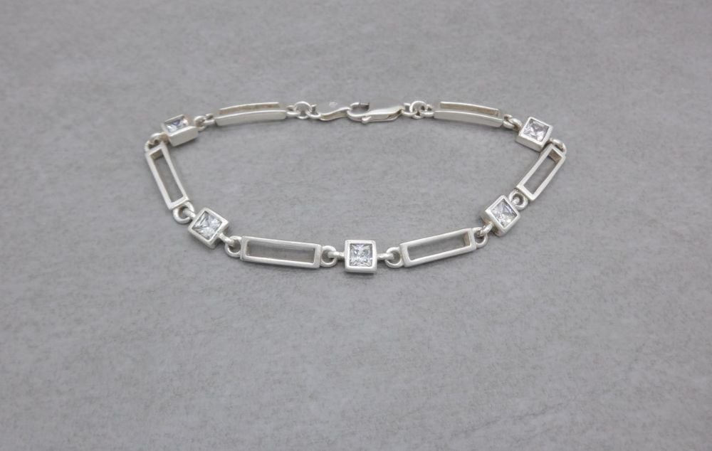 Sterling silver open rectangles & clear square stone bracelet