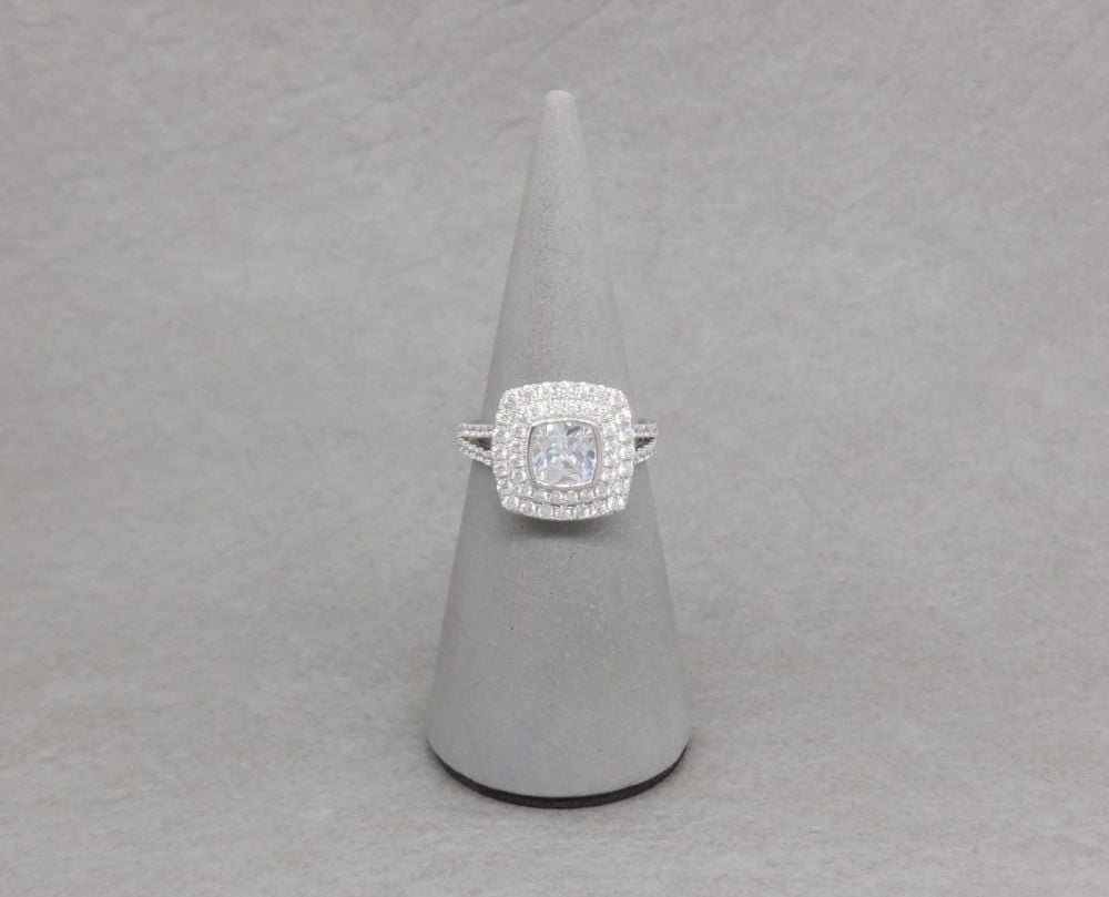 Square sterling silver & clear stone ring with accented shoulders