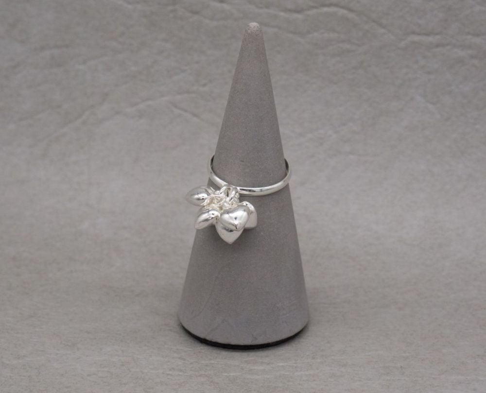 Sterling silver ring with puffy heart dangle charms