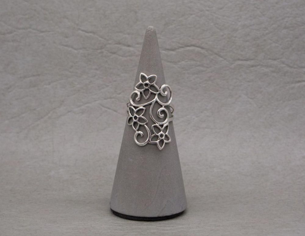 Long sterling silver floral cut-out ring
