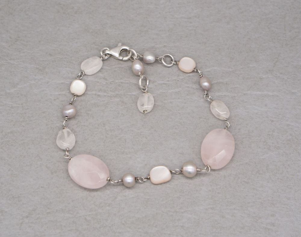 Sterling silver, rose quartz, mother of pearl & freshwater pearl bracelet