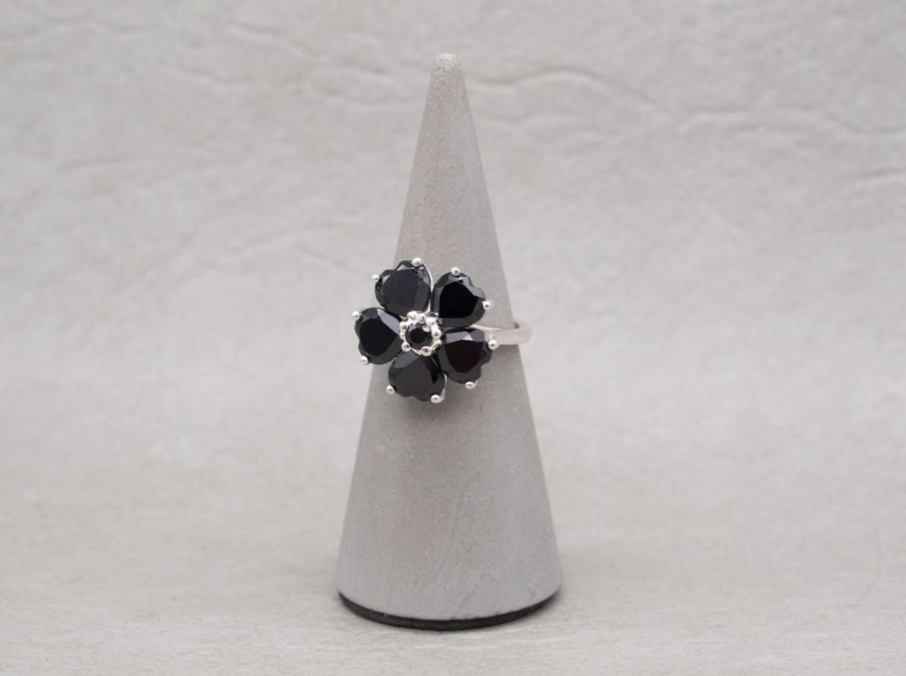 Sterling silver & black stone heart flower / floral ring