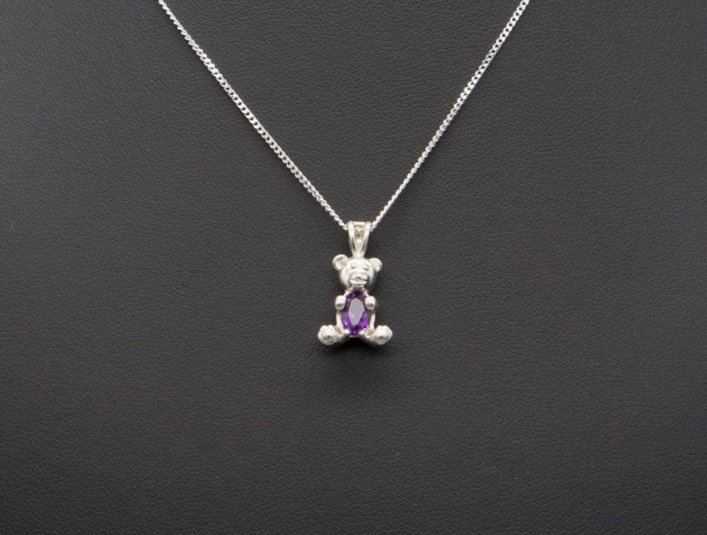 Sterling silver & amethyst teddy bear necklace