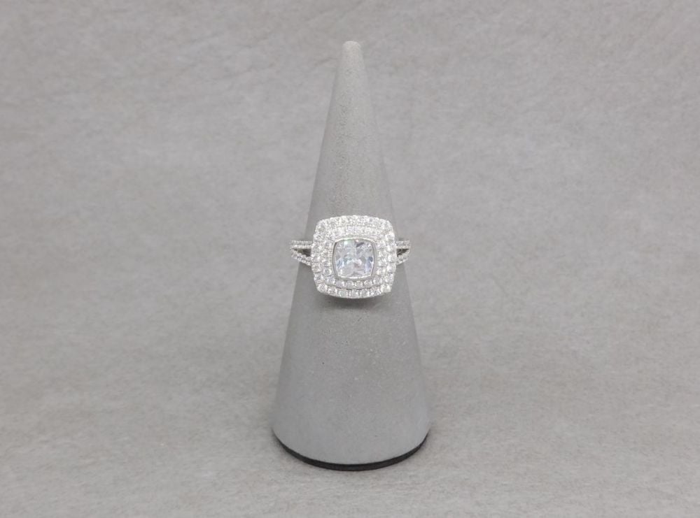 Square sterling silver & clear stone ring with accented shoulders
