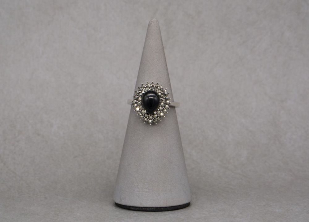 Sterling silver, marcasite & black stone ring