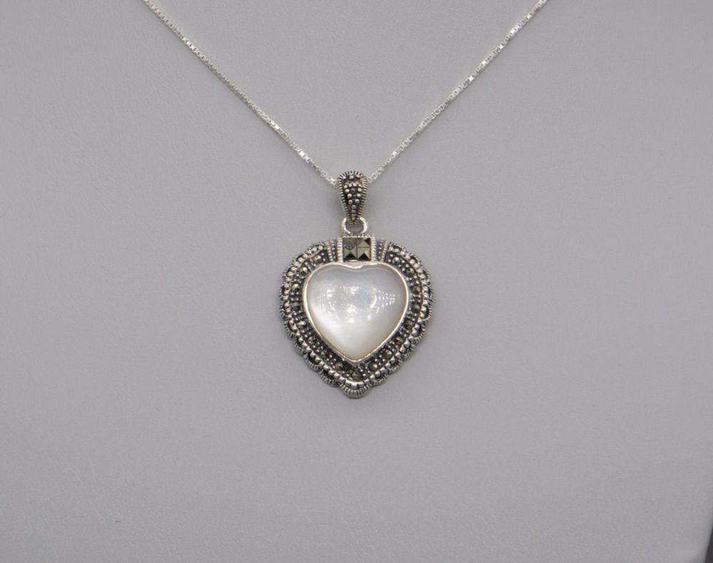 Sterling silver, marcasite & mother of pearl heart necklace