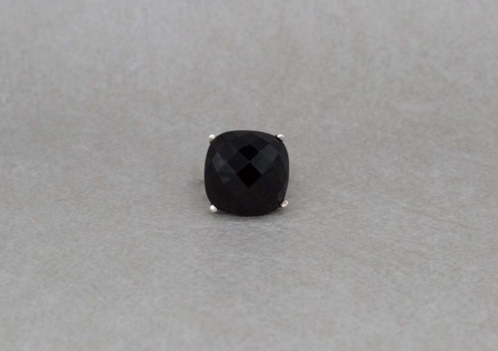 Sterling silver ring with a chunky black faceted stone
