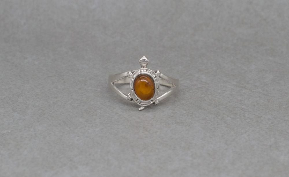 Sterling silver & amber turtle / tortoise ring