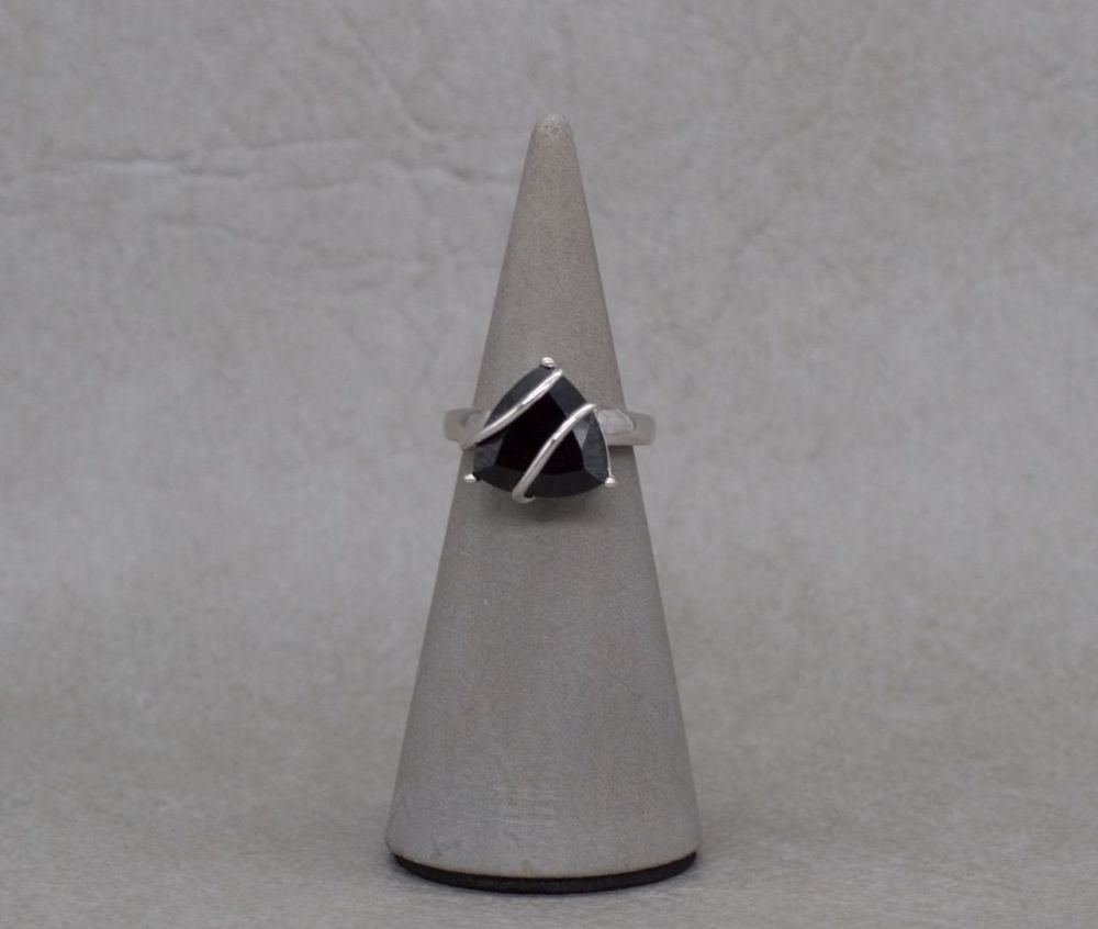 Unusual sterling silver caged effect black spinel ring
