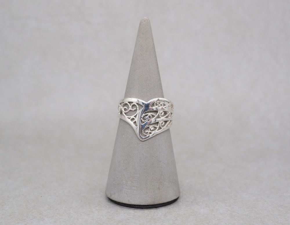 Asymmetric sterling silver wishbone ring with filigree detail