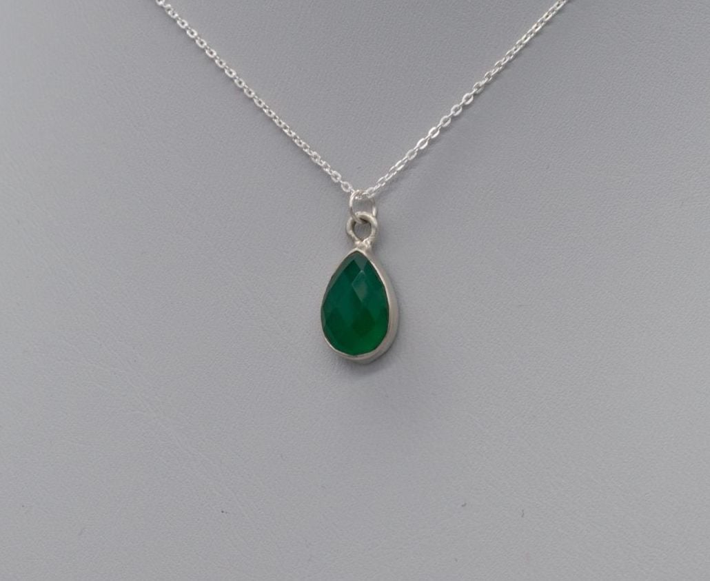 Small sterling silver & faceted green onyx teardrop necklace