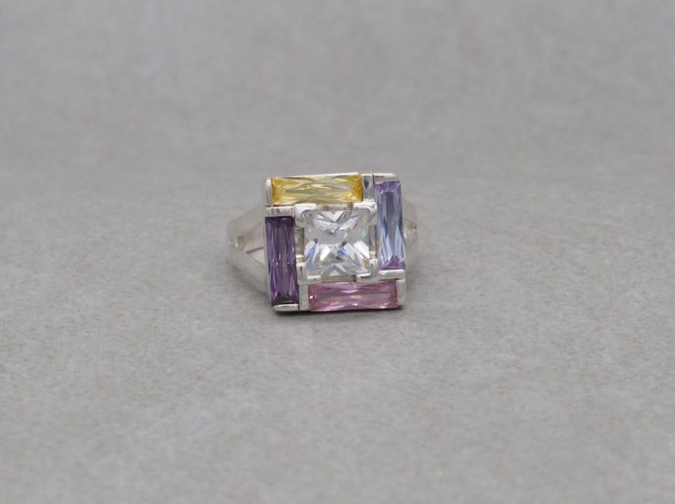 Unusual square sterling silver & multi-colour glass ring