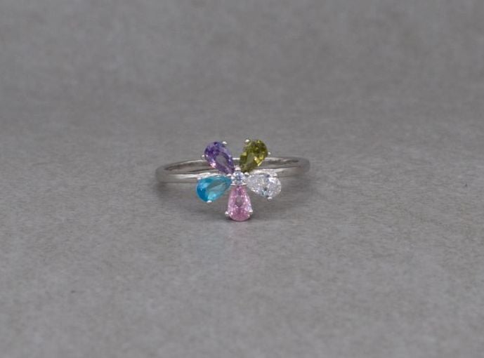 Pretty sterling silver & multi-colour stone floral cluster ring