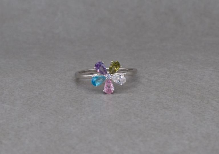 Pretty sterling silver & multi-colour stone floral cluster ring