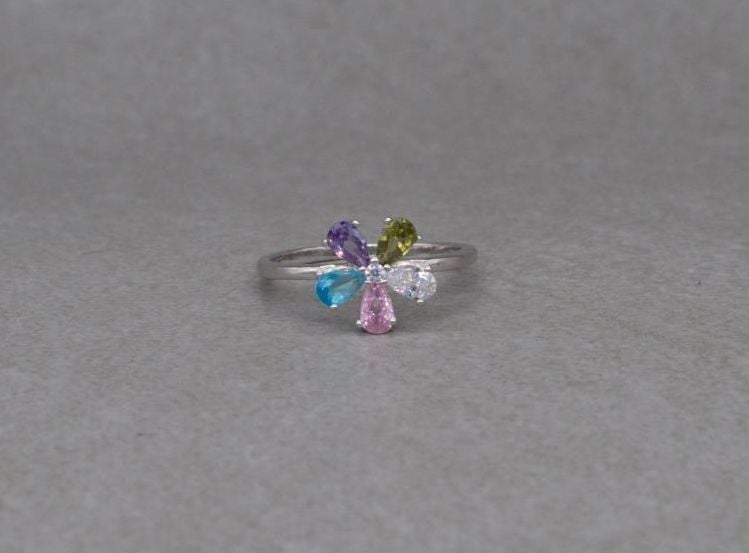 Pretty sterling silver & multi-colour stone floral cluster ring