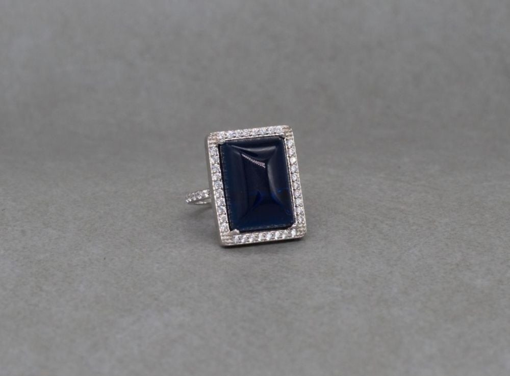 Rectangular sterling silver & deep blue stone cocktail ring