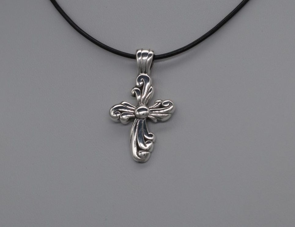 Sterling silver scrolled puffy cross & black leather cord necklace