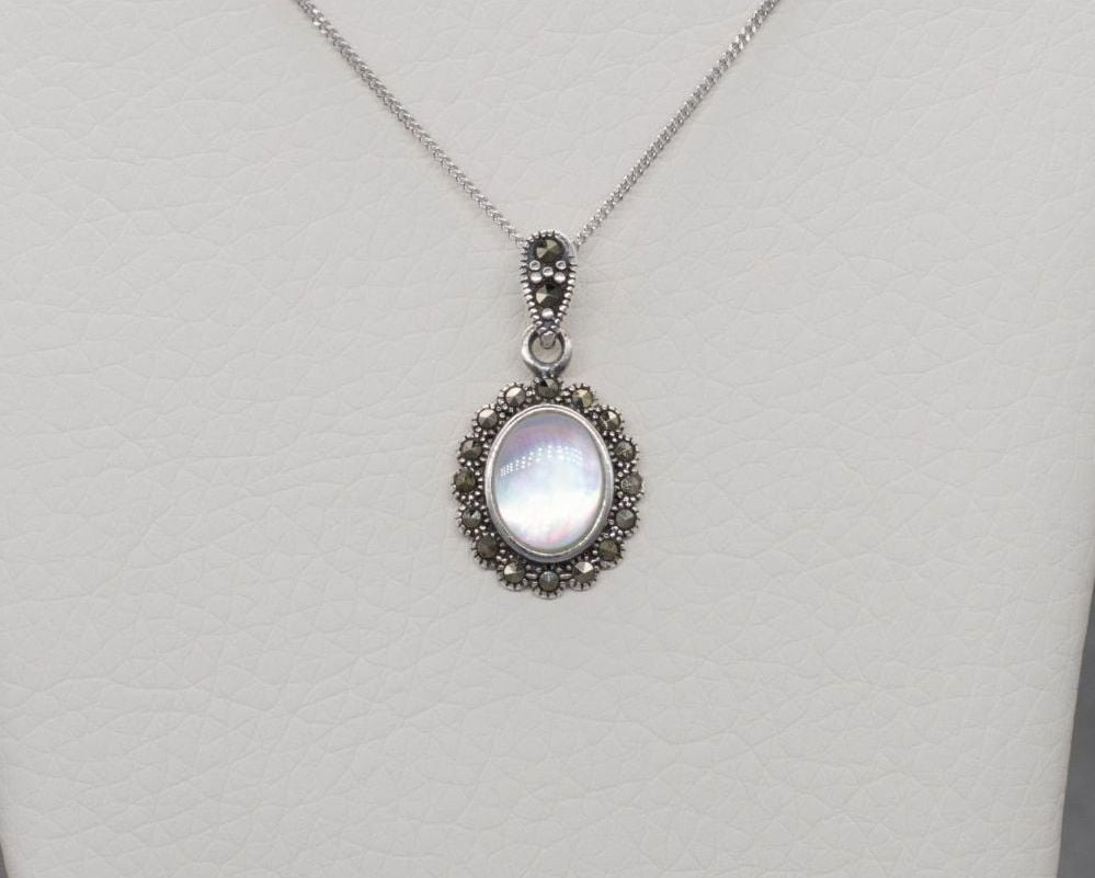 Elegant sterling silver, mother of pearl & marcasite necklace