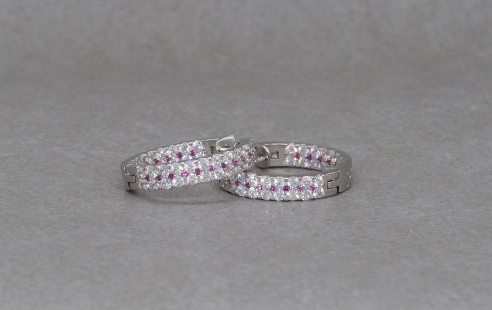 Sterling silver hoop earrings with tiny pink & clear stones