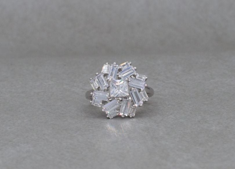 Unusual sterling silver & clear stone cluster ring