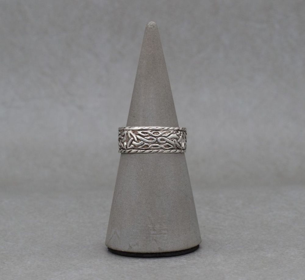 Sterling silver adjustable thumb ring with an oxidised celtic design