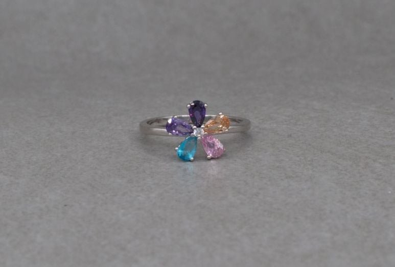 Pretty sterling silver & multi-colour stone flower cluster ring