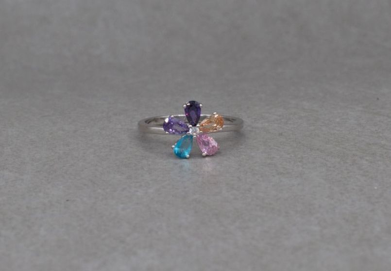 Pretty sterling silver & multi-colour stone flower cluster ring