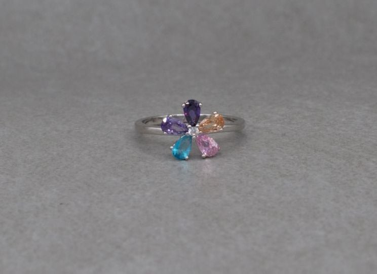 Pretty sterling silver & multi-colour stone flower cluster ring