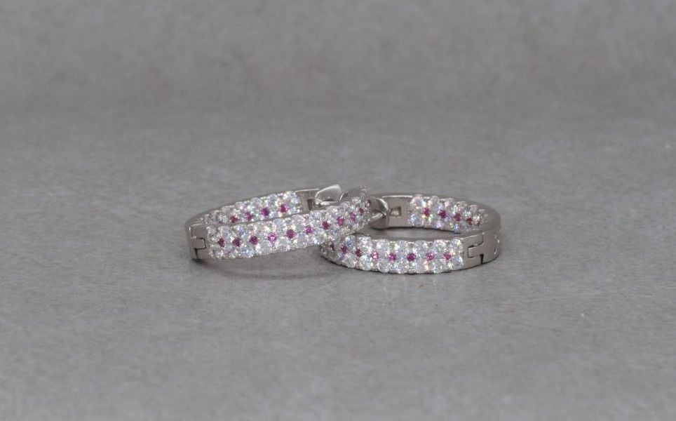 Sterling silver hoop earrings with tiny pink & clear stones