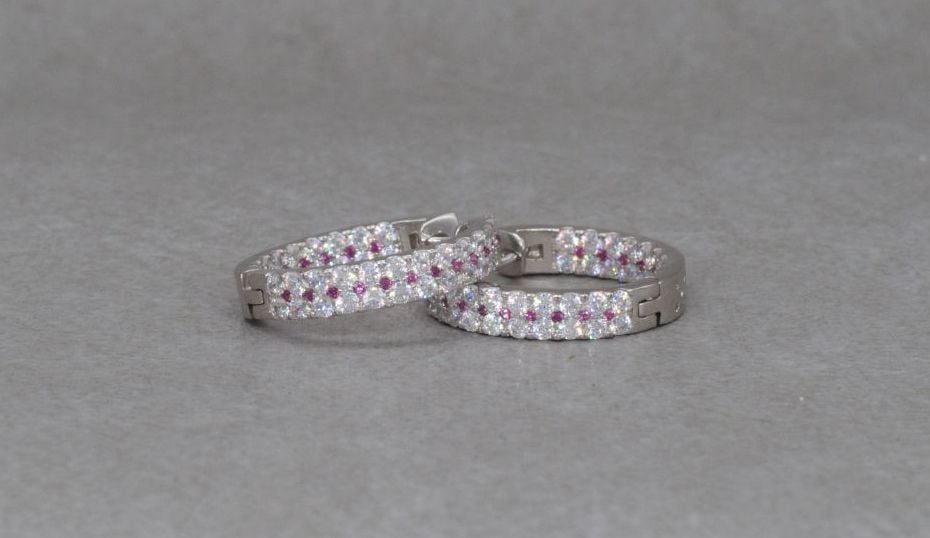 Sterling silver hoop earrings with tiny pink & clear stones
