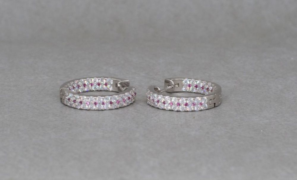 Sterling silver hoop earrings with tiny pink & clear stones