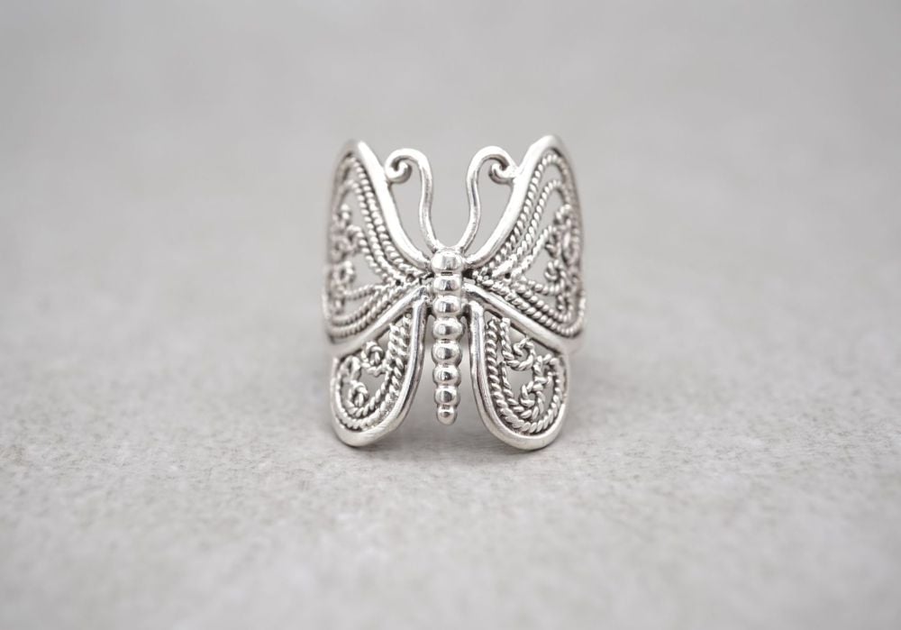 Sterling silver butterfly ring with filigree detail