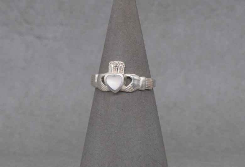 Sterling silver claddagh ring with a mother of pearl heart