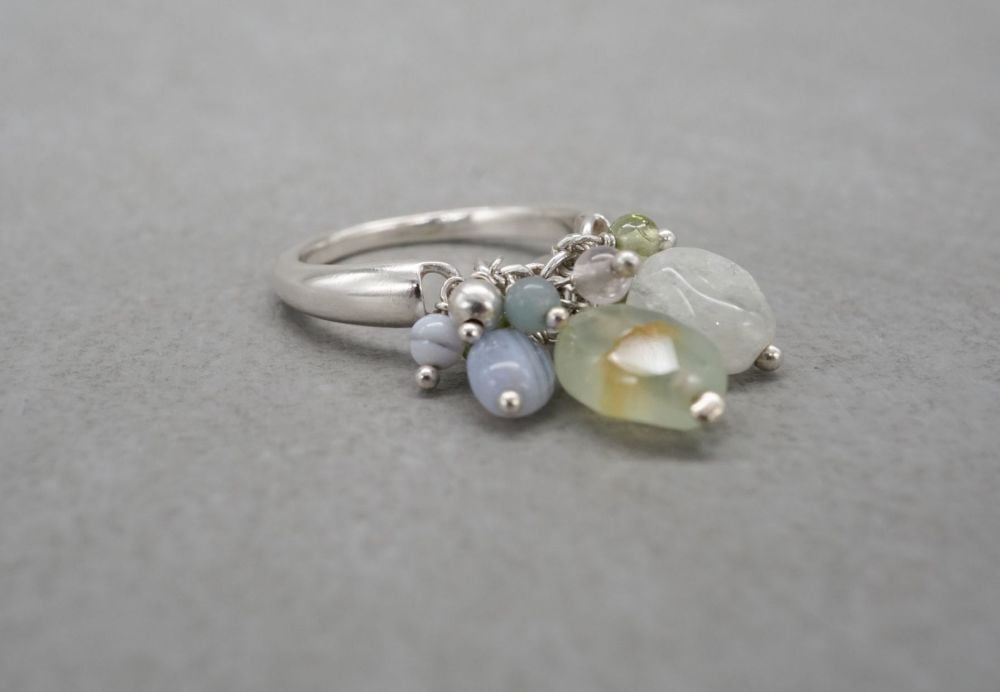 Sterling silver bead cluster ring with agate & quartz