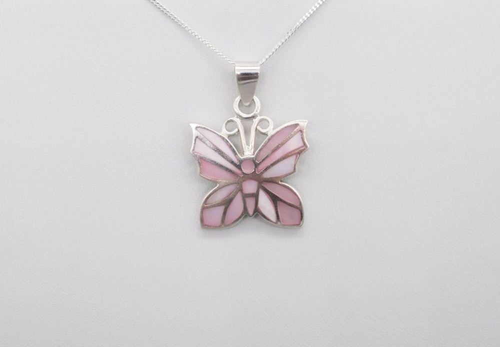 Sterling silver & pink mother of pearl butterfly necklace