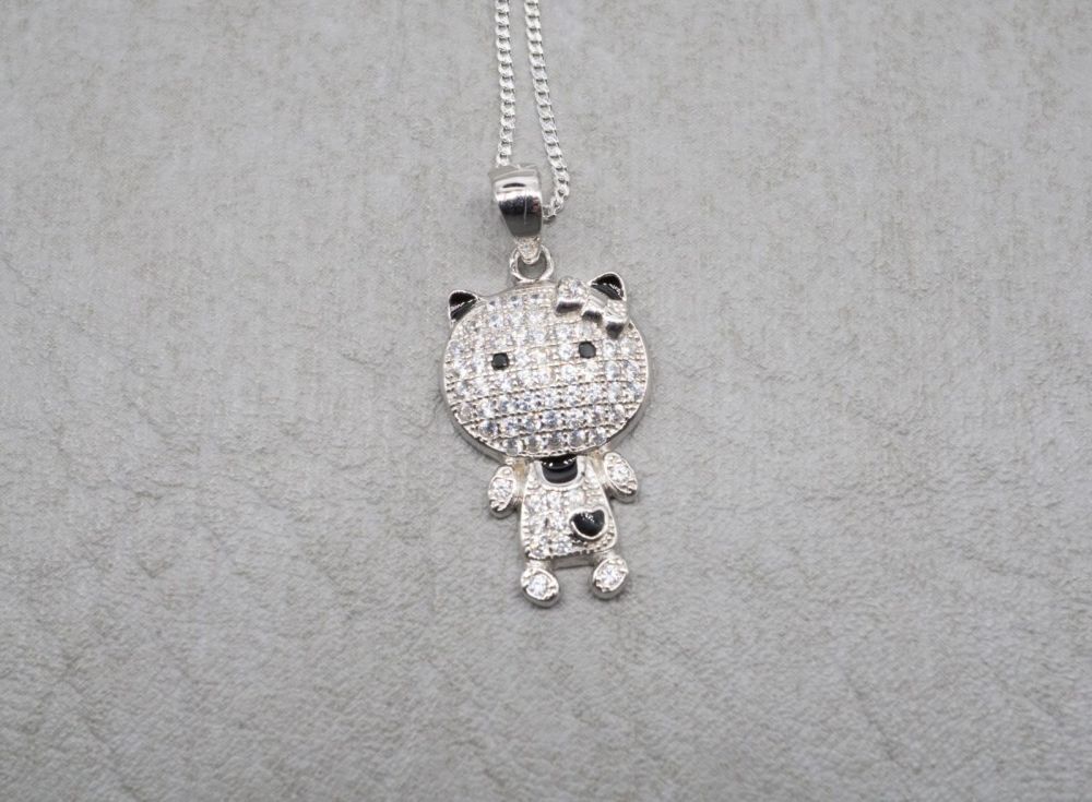 Sterling silver kitty cat necklace with clear stones & black enamel detail