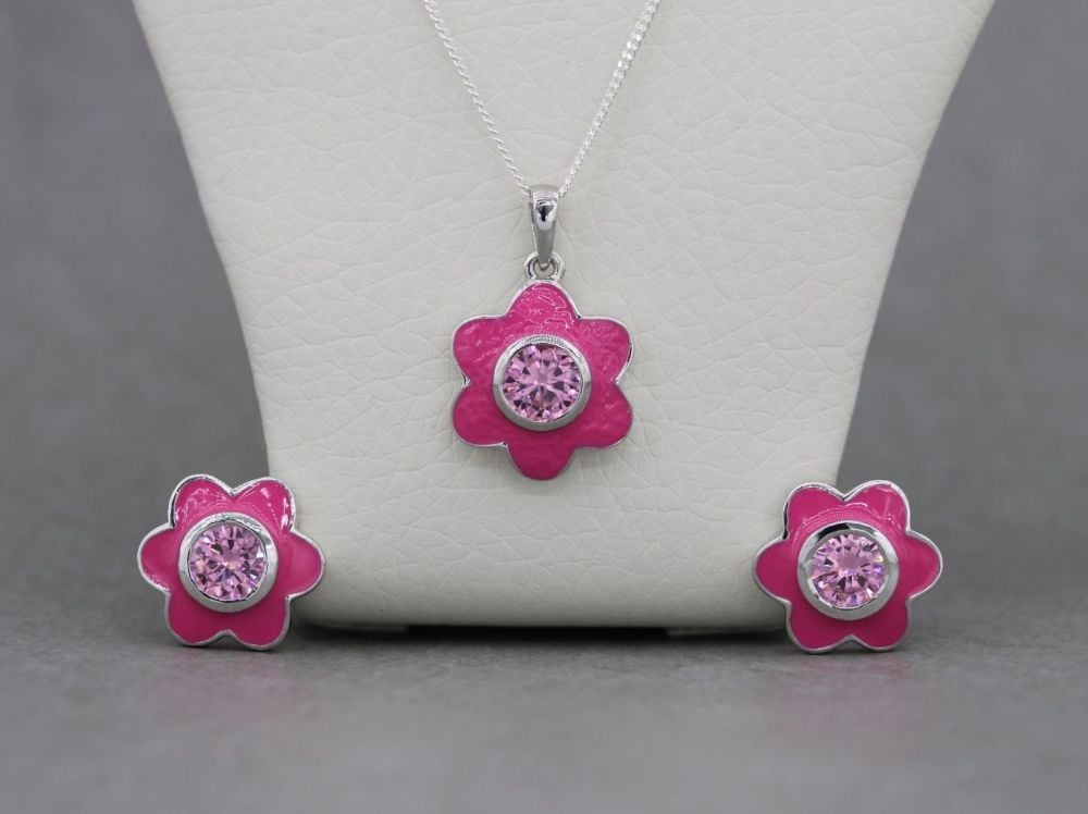 Sterling silver & bright pink flower necklace and earring set