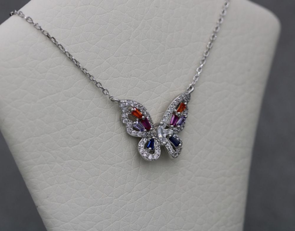 REFURBISHED Sterling silver butterfly necklace with multi-colour stones