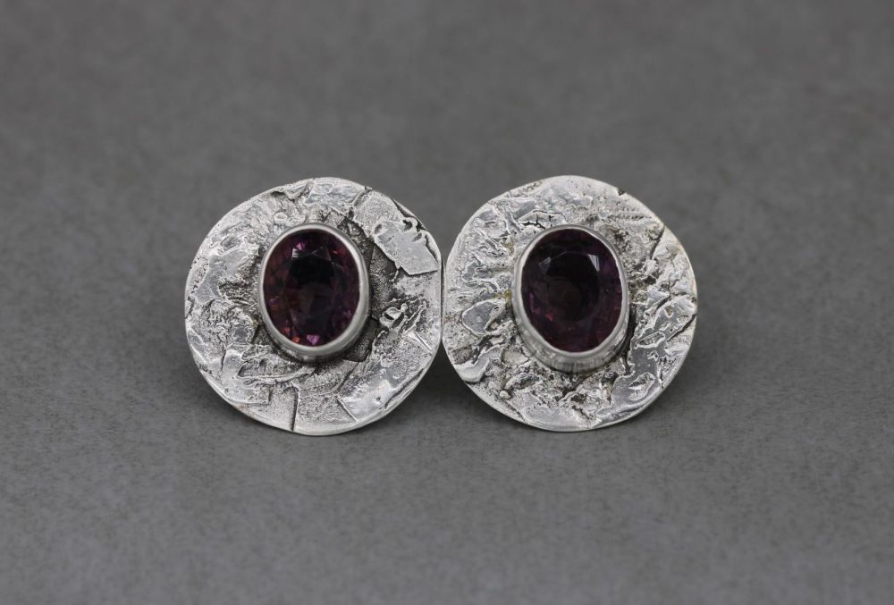Large handmade textured sterling silver & amethyst clip-on earrings