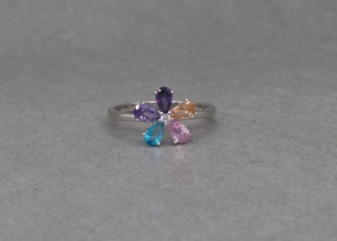 Pretty sterling silver & multi-colour stone flower cluster ring