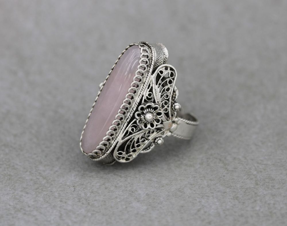 Adjustable sterling silver filigree & rose quartz ring