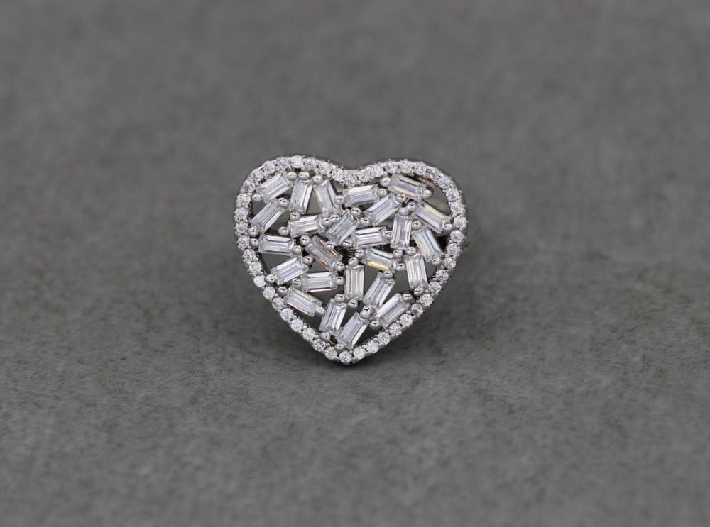 Sterling silver heart ring with multi-cut clear stones