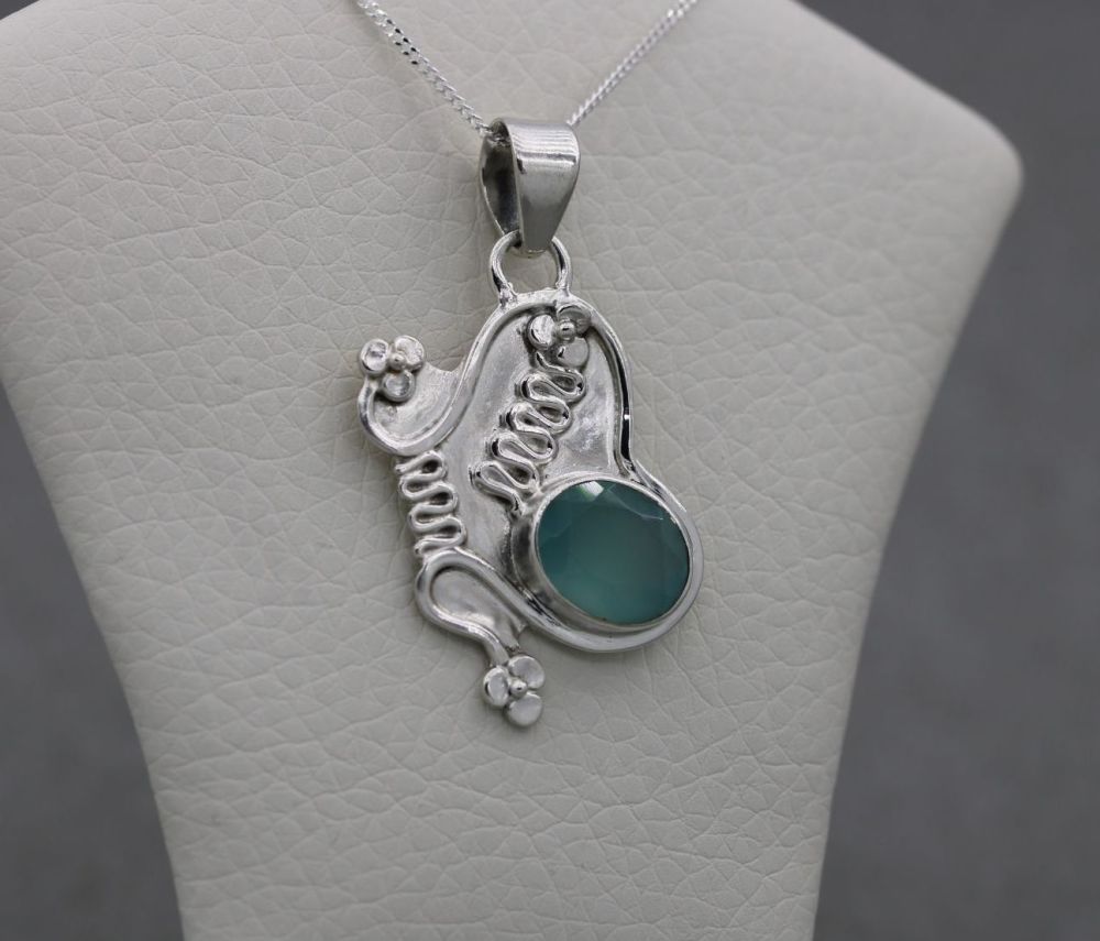 REFURBISHED Sterling silver butterfly necklace with a watery blue-green stone