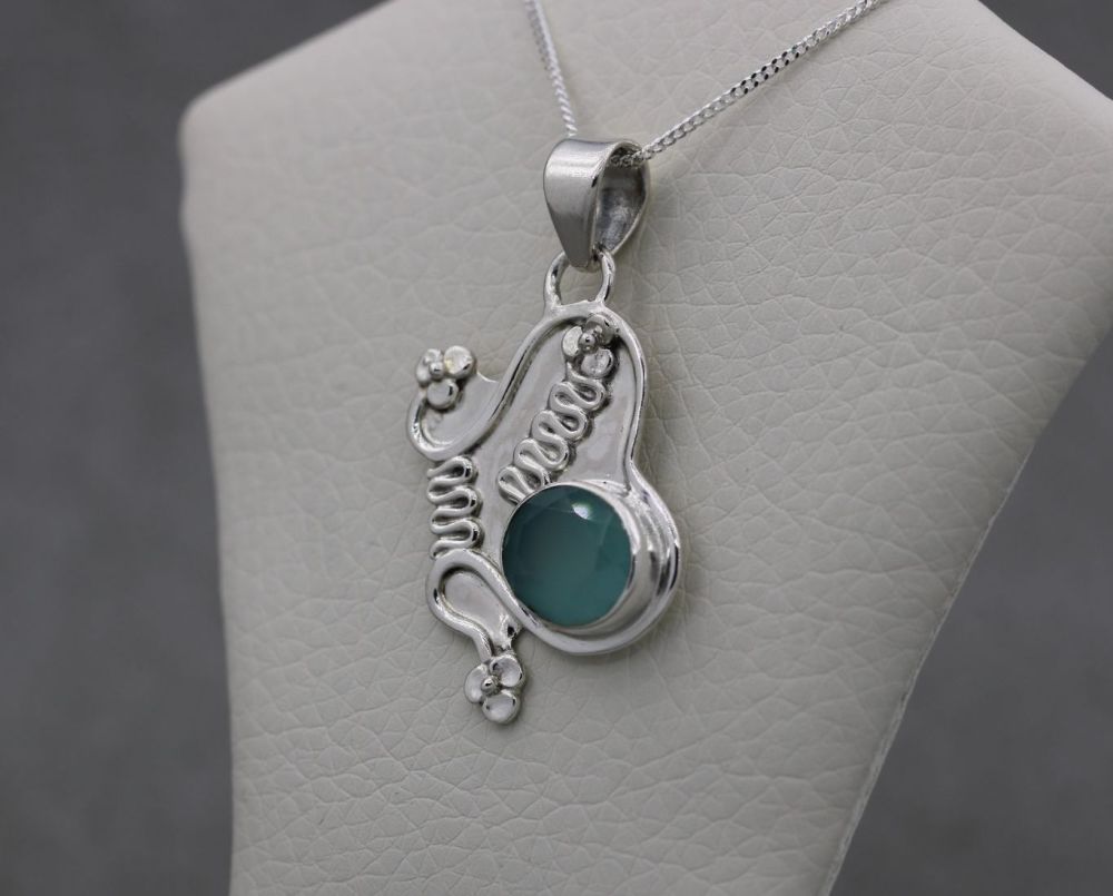 REFURBISHED Sterling silver butterfly necklace with a watery blue-green stone
